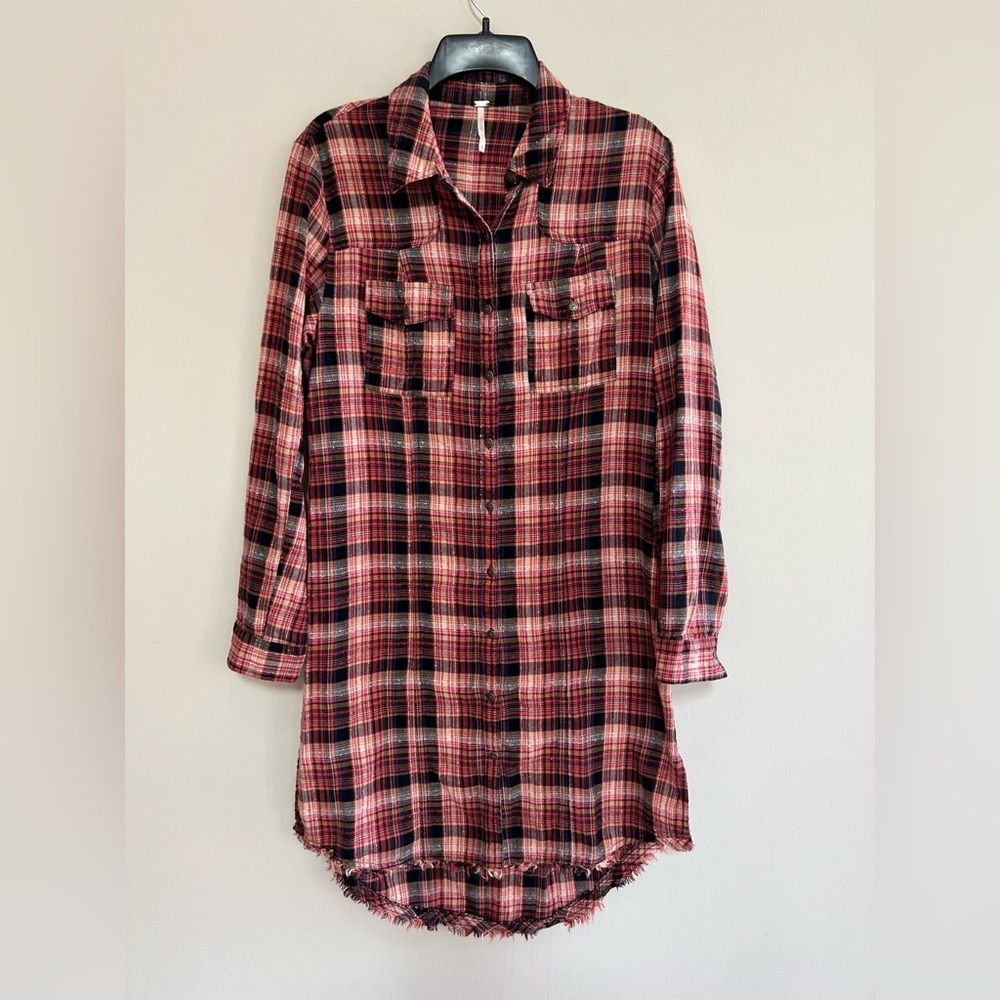 Free People Eight Days A Week Plaid Button Down Shirt Dress, Red/Navy Blue, sz S